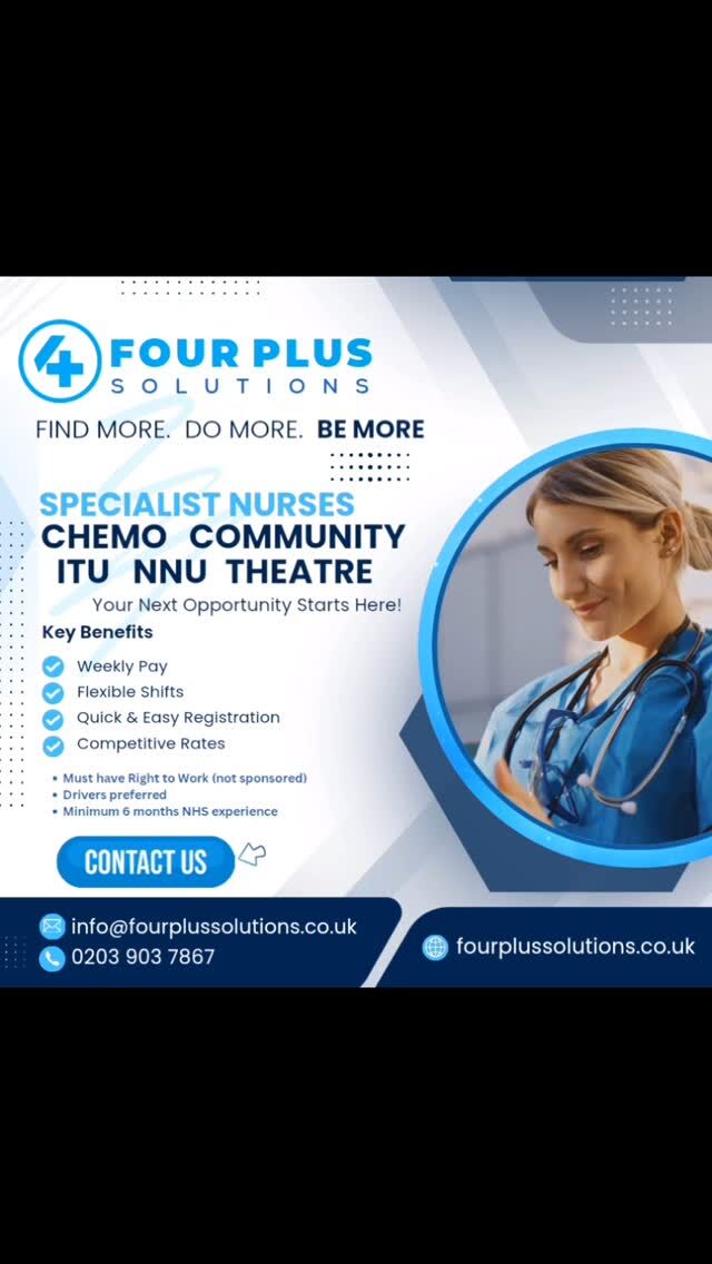🩺 *ITU, Chemo, NNU, Community & Theatre Nurses – We Need You!* 🩺

🚨 *Specialist nurses – new opportunities available!* 🚨

We’re looking for experienced nurses in Intensive Care, Chemotherapy, Neonatal, Community, and Theatre settings to join us at Four Plus Solutions.

*What’s in it for you?*
✅ Competitive pay – because your expertise deserves it 💷
✅ Flexible shifts – work on your terms ⏳
✅ Opportunities in NHS & private settings – make an impact 🏥

Your skills change lives. Let’s find the right role for you!

📞 Call: 0203 903 7867
📱 WhatsApp: 07908 745 286
✉ Email: info@fourplussolutions.co.uk
🌐 www.fourplussolutions.co.uk

📢 Tag a nurse who should see this! 👇

#NursesNeeded #NHSJobs #ITU #NNUNurses #ChemoNurses #CommunityNurses #TheatreNurses #NursingOpportunities #HealthcareRecruitment #fourplussolutions
